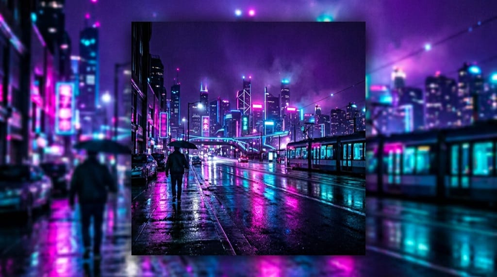 Neon-lit wet boulevard and futuristic skyline, cinematic synthwave night atmosphere