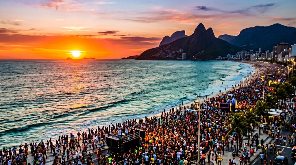 Pôr do sol dourado sobre o mar e a orla, calor tropical e energia de baile funk brasileiro