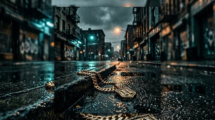 Rain-slick urban night street, cold grey sky, wet asphalt and subtle gold accents, cinematic trap hip-hop mood
