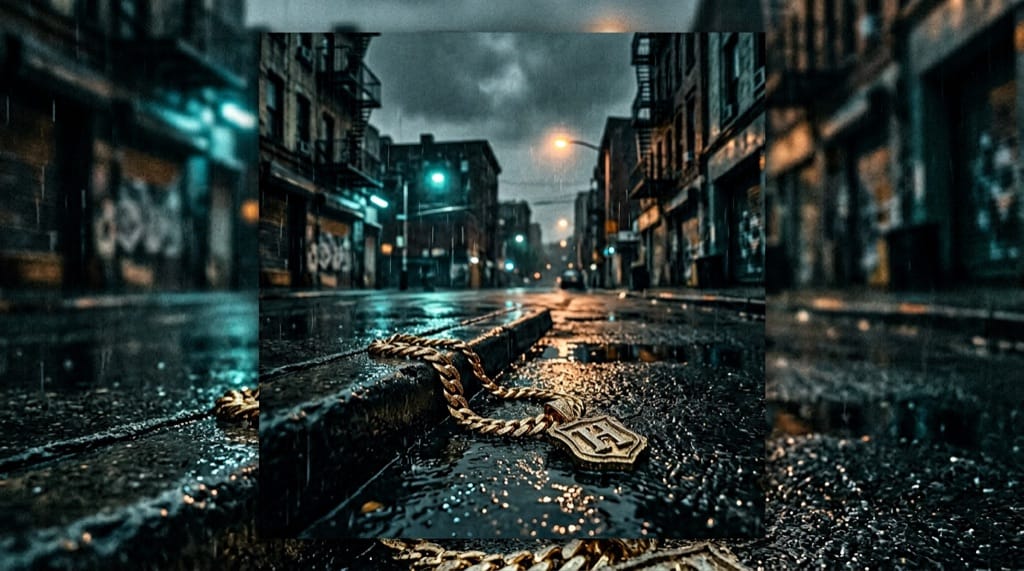 Rain-slick urban night street, cold grey sky, wet asphalt and subtle gold accents, cinematic trap hip-hop mood