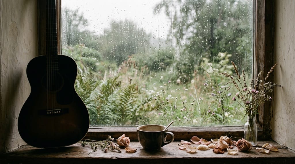 Faded rose, soft daylight, acoustic melancholy, memories and rain