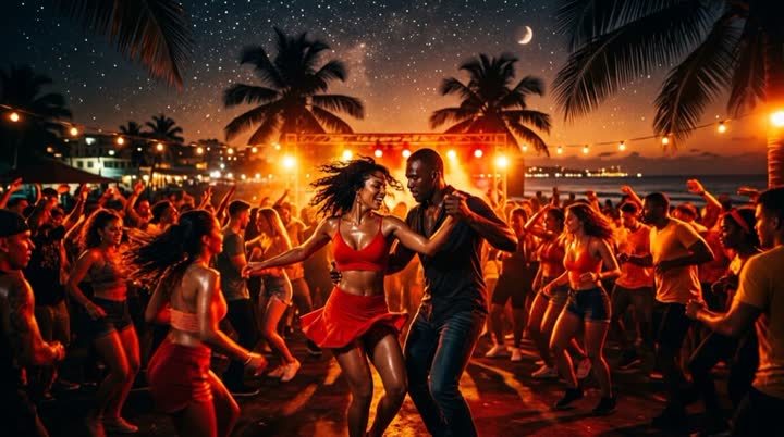 Tropical reggaeton dancefloor, fire glow and starry night, Latin passion and heat