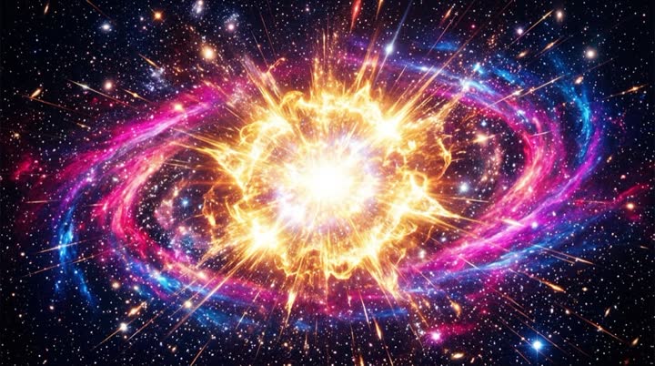 Cosmic supernova explosion, dazzling light burst, EDM stage energy and diamond sparkle in the darkness