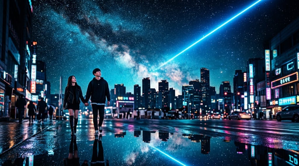 Blue neon beam cutting through urban night, galaxy above, cinematic electronic K-pop atmosphere